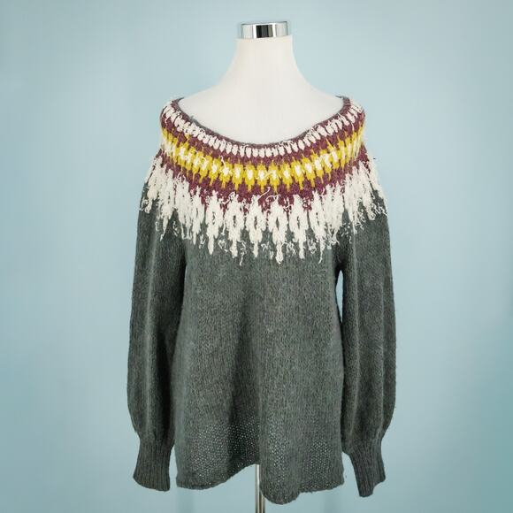Free People Size Medium M Gray Baltic Fair Isle Nordic Scoop Wool Mohair Sweater - Picture 1 of 7